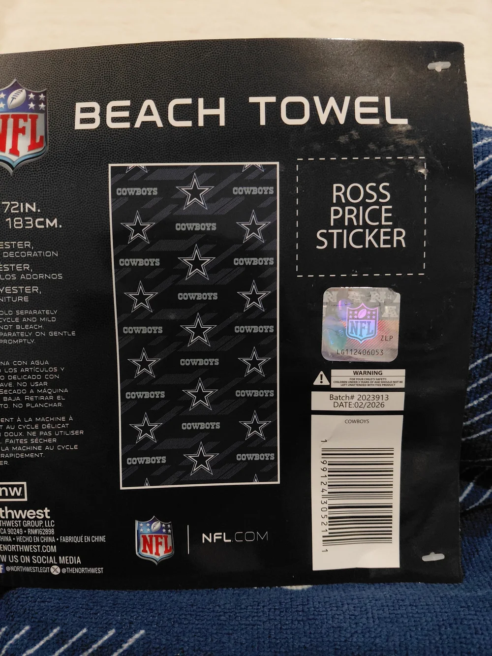 NWT Dallas Cowboys Navy Beach Towel - Official NFL Team Design
